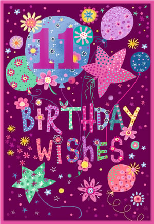Celebrate a special 11th birthday with this vibrant and cheerful card from Simon Elvin. Designed specifically for an 11-year-old girl, this delightful card features a playful array of colourful balloons, twinkling stars, and charming floral patterns, all set against a rich purple background. The bold '11' takes centre stage, surrounded by the heartfelt message 'BIRTHDAY WISHES' in beautifully decorated lettering. Each element is bursting with fun, making it the perfect way to send happy greetings. Stock up on this popular design, available in a convenient pack of 6, and bring a smile to every birthday girl's face!