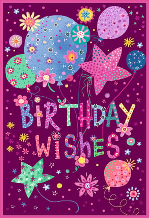 Brighten any birthday with this charming "Open Birthday Female" card from Simon Elvin. Set against a rich purple backdrop, the design bursts with an enchanting display of patterned balloons and whimsical stars in a joyful palette of blues, pinks, and greens. The hand-drawn style of the colourful "BIRTHDAY WISHES" lettering, adorned with delightful patterns, truly stands out. Delicate flowers and scattered dots add a touch of magic, creating a wonderfully festive and heartfelt card. Perfect for celebrating someone special, this card comes in a convenient pack of 6.