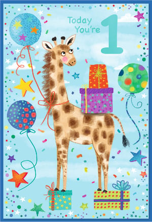 Celebrate a special first birthday with this adorable Age 1 Male card from Simon Elvin. Featuring a charming giraffe surrounded by colourful balloons, twinkling stars, and festive confetti, this card is sure to bring a smile to any little one's big day. The playful illustration shows the friendly giraffe balancing on presents, with more gifts stacked on its back, all set against a cheerful light blue background. With the sweet message 'Today You're 1', it's the perfect choice for commemorating this milestone. Each pack contains 6 of these delightful cards, making them an excellent addition to your retail offering for new parents and gift-givers. Stock up on this popular design and help your customers mark those precious early years.