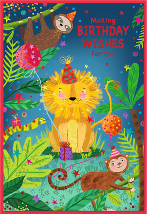 Bring a burst of jungle joy to any birthday with this delightful card! Featuring a cheerful lion in a party hat, a playful sloth, a mischievous monkey, and a friendly snake, all ready to celebrate. The vibrant illustration is packed with colourful balloons, presents, and confetti, making it a truly festive choice.
With the warm message 'Making Birthday Wishes For You', this 'Open Birthday Male' card is perfect for boys and men of all ages. Supplied by Simon Elvin, each pack contains 6 cards, ready to spread smiles and make someone's special day extra wild!