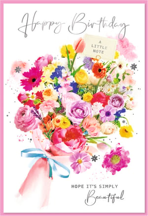Brighten her special day with this delightful 'Open Birthday Female' card from Simon Elvin. The design features a lavish bouquet of watercolour flowers, showcasing a rich palette of pinks, purples, yellows, and blues. Delicate details include a light blue ribbon tying the floral arrangement and a charming 'A Little Note' tag nestled amongst the blooms. The card's message, 'Happy Birthday, Hope it's simply Beautiful', is presented in elegant script, complementing the artistic style. With subtle sparkle accents and a fresh, vibrant feel, this card is a wonderful choice for any female recipient. Available in convenient packs of six, it's a lovely addition to your greeting card selection.