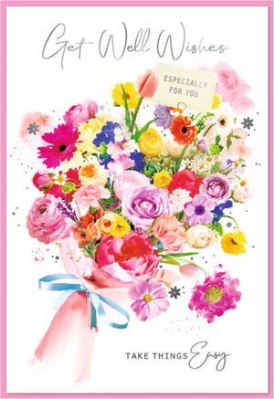 Brighten someone's day with our beautiful 'Get Well Female' card, perfect for offering warm wishes and a touch of cheer. This delightful card features a stunning, vibrant bouquet of watercolour flowers, bursting with an array of colours from soft pinks and purples to sunny yellows and bright reds. The elegant design, complete with a charming blue ribbon, conveys a heartfelt message of 'Get Well Wishes' and 'Take Things Easy'.
Crafted by Simon Elvin, these cards are designed to bring comfort and a smile. Ideal for any retail setting, they offer a thoughtful way for your customers to show they care. Available in a convenient pack size of 1x6.