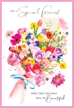 Celebrate your special female friends with this beautiful birthday card from Simon Elvin. Featuring a stunning, vibrant bouquet of watercolour flowers, this card is bursting with cheerful colours and artistic charm. The elegant design includes a delicate blue ribbon detail and a sweet 'A Little Note' tag, making it truly stand out.
The heartfelt message, 'Hope your birthday will be Beautiful', perfectly complements the gorgeous floral artwork. It’s the ideal way to send warm wishes and show appreciation to a cherished friend. This lovely card is sure to bring a smile to their face on their special day. Available in a convenient pack of 6.