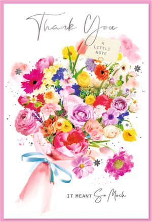 Express heartfelt gratitude with this stunning 'Thank You' card. Adorned with a vibrant watercolour bouquet, it features an exquisite array of colourful blooms, from cheerful gerberas and elegant roses to delicate tulips and charming daisies.
The beautiful script 'Thank You' at the top, complemented by a sweet 'A Little Note' tag nestled within the flowers, and the touching 'It Meant So Much' at the bottom, convey a truly special message. Finished with a delicate blue ribbon detail, this card is a wonderful way to show appreciation. A perfect addition to any card display, it's sure to be a popular choice for customers looking to send a memorable thank you.