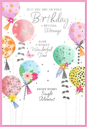Celebrate special moments with this delightful 'Open Birthday Female' card from Simon Elvin. Adorned with a vibrant array of patterned balloons, delicate flowers, and charming tassels, this card exudes cheerfulness. The uplifting message inside wishes the recipient 'A Really Wonderful Time' and to 'Enjoy Every Single Moment'. Perfect for any female recipient, its colourful design is sure to bring a smile. Available in a convenient pack of 6, it's an ideal addition to your greeting card selection, offering a popular choice for customers seeking a lovely birthday wish.