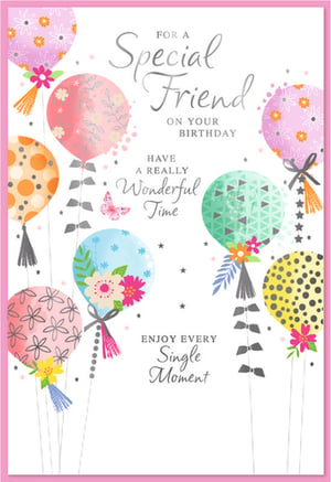 Send heartfelt birthday wishes to a special friend with this beautifully designed card. Featuring an array of vibrant balloons in soft pastels and cheerful brights, each adorned with unique patterns from delicate florals to playful polka dots. Pretty tassels and bows add an extra touch of charm, while a scattering of stars and a sweet butterfly complete the joyful scene. The lovely message inside wishes them a 'Wonderful Time' and encourages them to 'Enjoy Every Single Moment'. It's the perfect way to celebrate her day and let her know how much she means to you.