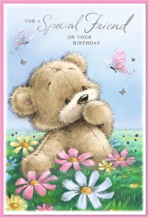 Wish a truly special friend a happy birthday with this delightful card from Simon Elvin. This charming design features an adorable fluffy teddy bear sitting amongst a vibrant meadow of colourful flowers, with delicate butterflies fluttering in the soft blue sky. The heartfelt message "For a Special Friend On Your Birthday" is beautifully presented, making it perfect for celebrating those cherished friendships. This sweet and gentle card is sure to bring a smile to any recipient. Available in a convenient pack of 6, it's an ideal addition to your greeting card selection.