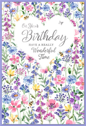 Brighten her special day with this enchanting Open Birthday card, perfect for female recipients. From trusted supplier Simon Elvin, this delightful design features a prominent heart shape, beautifully framed by a vibrant watercolour meadow. Delicate wildflowers in shades of pink, purple, blue, and yellow burst forth, accompanied by charming bees and butterflies. The elegant message "On Your Birthday HAVE A REALLY Wonderful Time" is nestled within the heart, conveying warm and heartfelt wishes. This card offers a touch of natural beauty and joy, making it a wonderful choice for any birthday celebration. Supplied in a convenient pack of 6, it's an excellent addition to your greeting card range.
