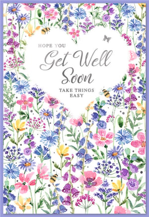 Offer a touch of natural beauty and heartfelt wishes with our 'Get Well Female' card from Simon Elvin. This charming design features a delightful array of watercolour wildflowers in soft shades of purple, pink, blue, and yellow, creating a vibrant yet gentle border around a central heart. Adorned with delicate bees and butterflies, the card conveys a serene and uplifting message.
Inside the heart, the comforting words "HOPE YOU Get Well Soon TAKE THINGS EASY" are elegantly presented, making it the perfect choice for sending warm wishes and encouraging a speedy recovery. Stock up on this thoughtful card, supplied in a convenient pack of 6, and provide your customers with a truly lovely way to show they care.