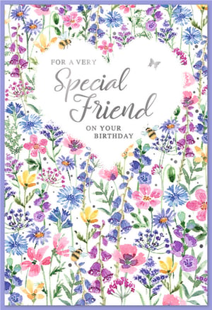 Brighten any friend's special day with this enchanting "Friend Female" birthday card. Adorned with a beautiful watercolour illustration of colourful wildflowers, buzzing bees, and delicate butterflies, this card exudes natural charm. The heartfelt message "FOR A VERY Special Friend ON YOUR BIRTHDAY" is elegantly framed by a heart of blossoms, making it perfect for conveying warm wishes. This delightful design is sure to be a popular choice for customers seeking a thoughtful card for their special friends. Available in a convenient pack of 6, it's an ideal addition to your greeting card range.
