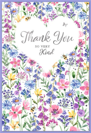 Show your appreciation beautifully with this delightful 'Thank You' card from Simon Elvin. This charming design features a heartfelt message, 'Thank You so very Kind', elegantly framed within a white heart. Surrounding the heart is a vibrant watercolour meadow, bursting with an array of colourful wildflowers in lovely shades of purple, pink, blue, and yellow. Look closely and you'll spot busy bees and delicate butterflies fluttering amongst the blooms, adding a touch of natural wonder. Perfect for expressing sincere gratitude for any kindness, this card is sure to brighten someone's day. Available in handy packs of six (1x6) for your retail needs.