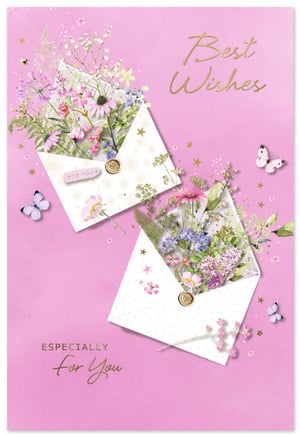 Elevate your greeting card collection with the enchanting 'Best Wishes Female' card from Simon Elvin. This beautiful design showcases two elegant envelopes brimming with a delightful assortment of wildflowers and delicate foliage, all set against a soft, inviting pink backdrop. Glimmering gold foil lettering gracefully conveys heartfelt sentiments of 'Best Wishes' and 'Especially For You'. Adorned with charming butterflies and subtle golden stars, this card offers a truly special touch for any occasion. Its versatile appeal makes it perfect for birthdays, thank yous, or simply sending a thoughtful note. Stock up on these captivating cards, supplied in a convenient pack of 6, and offer your customers a truly memorable way to connect.