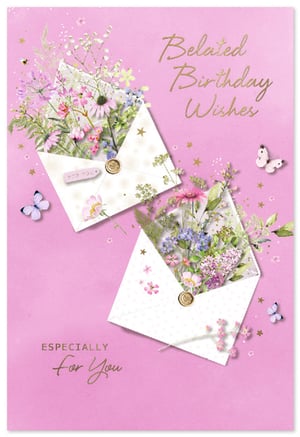 Help your customers send the perfect belated greeting with our charming 'Belated Female' card from Simon Elvin. This delightful design features two elegant white envelopes, overflowing with a beautiful assortment of wildflowers and delicate greenery, all set against a soft pink backdrop. Glimmering gold foil lettering spells out "Belated Birthday Wishes" and "ESPECIALLY For You," adding a touch of sophisticated sparkle. Adorned with sweet butterflies and subtle golden stars, this card offers a thoughtful and pretty way to acknowledge a missed birthday. Stock up on this popular design, available in convenient packs of 6, to ensure your card selection is always ready for those special, slightly-late occasions.