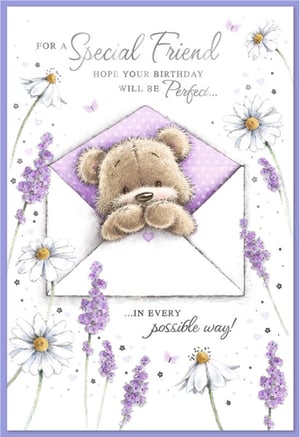 Brighten a special friend's birthday with this delightful card from Simon Elvin. This charming design features an adorable teddy bear peeking playfully from a soft purple, polka-dotted envelope, surrounded by delicate lavender sprigs and cheerful white daisies. Adorned with subtle hearts and butterflies, the card conveys a warm message: "Hope your birthday will be perfect... in every possible way!" It's the ideal choice for celebrating a cherished female friendship. Stock up on this popular design, available in a convenient pack of 6, perfect for retailers seeking thoughtful and visually appealing birthday cards for their customers.