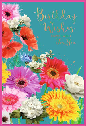 Bring a burst of colour to your card display with this stunning "Open Birthday Female" card from Simon Elvin. Featuring a vibrant array of beautiful flowers, including cheerful gerberas and bold poppies, set against a stylish teal background, this card is sure to catch the eye. The elegant gold script wishing "Birthday Wishes Especially For You" adds a touch of sophistication. Perfect for celebrating any special woman, this card offers a delightful design that customers will love. Available in a convenient pack of 6, it's an essential addition to your greeting card selection.