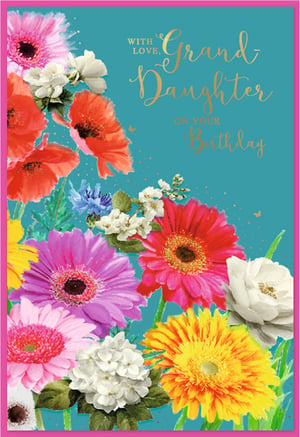 Brighten any granddaughter's birthday with this delightful card from Simon Elvin. Adorned with a vibrant bouquet of colourful blooms, including cheerful gerberas, striking poppies, and delicate white flowers, all set against a beautiful teal backdrop. Elegant gold script wishes "With Love, Granddaughter On Your Birthday," making it a truly special greeting. This eye-catching design is perfect for retailers seeking a heartfelt and visually appealing option for their customers. Stock up with our convenient pack of 6.
