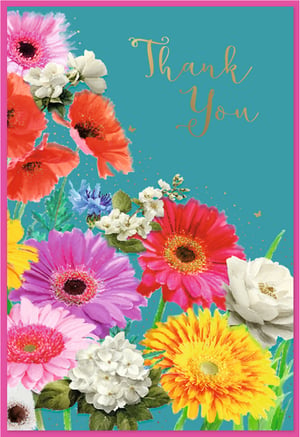 Express heartfelt gratitude beautifully with our vibrant "Thank You" card from Simon Elvin. This stunning design showcases a delightful array of colourful blooms, including cheerful gerbera daisies, bright poppies, and delicate white and blue flowers, all set against a rich teal backdrop. The elegant gold script "Thank You" adds a touch of class, while a vibrant pink border frames the artwork. Perfect for any occasion, these eye-catching cards are sure to delight your customers. Available in a convenient pack size of 1x6, they're a wonderful addition to your greeting card selection.