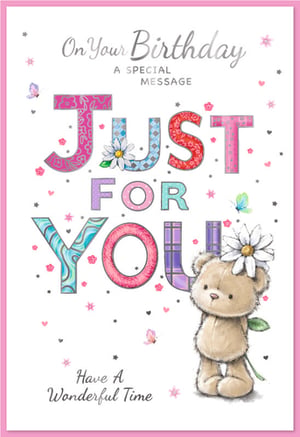 Brighten someone's special day with our delightful "Open Birthday Female" card, proudly brought to you by Simon Elvin. This charming design features a sweet teddy bear presenting a daisy, set against a crisp white background adorned with delicate butterflies, stars, and flowers. The vibrant, patterned "JUST FOR YOU" lettering creates a joyful focal point, perfectly complementing the warm wish of "Have A Wonderful Time." Ideal for any female birthday, this card is sure to bring a smile. Available in a convenient pack of 6, it's a wonderful addition to your retail offering.
