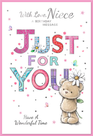 Celebrate your special Niece's birthday with this delightful card from Simon Elvin. The charming design features the words 'JUST FOR YOU' in vibrant, patterned letters that truly pop. A sweet teddy bear, holding a daisy and wearing one on its head, adds an adorable touch, while colourful butterflies and scattered hearts complete the cheerful scene. With a heartfelt message of 'Have A Wonderful Time', this lovely card is sure to bring a smile to her face. Perfect for retailers, these heartwarming cards come in a convenient pack of 6.