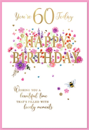 Celebrate a milestone 60th birthday with this exquisite card, perfect for a special woman. From Simon Elvin, this design features elegant gold foil lettering proclaiming "You're 60 Today" and "HAPPY BIRTHDAY." The card is beautifully adorned with a vibrant watercolour floral display in shades of pink, purple, and blue, complete with delicate butterflies and a charming bee, creating a truly feminine touch. A heartfelt message inside wishes "a beautiful time that's filled with lovely moments." This card offers a memorable way to honour such a significant occasion. Supplied in a convenient pack of 6.