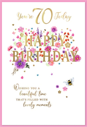 Help your customers celebrate a milestone 70th birthday with this exquisite card from Simon Elvin. Designed specifically for a special woman, it features elegant gold script proclaiming "You're 70 Today" and "Happy Birthday." The design is beautifully adorned with a vibrant array of watercolour flowers in cheerful pinks, purples, and reds, complemented by a charming bumblebee. The heartfelt message inside wishes "a beautiful time that's filled with lovely moments." This delightful card is perfect for conveying warm wishes and making her feel truly celebrated. Supplied in a handy pack of 6.