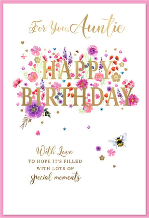 Show your Auntie some love on her special day with this delightful birthday card from Simon Elvin. Adorned with vibrant watercolour flowers and elegant gold lettering, it beautifully spells out 'Happy Birthday'. A sweet little bee flits among the blooms, adding a charming touch. Inside, a warm message wishes her 'lots of special moments'. Perfect for any Auntie, this card comes in a handy 1x6 pack, making it an ideal addition to your greeting card selection.