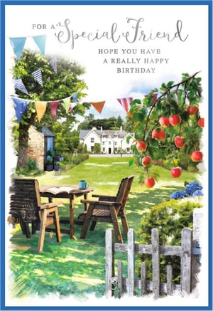 Send warm birthday wishes to a special friend with this beautifully designed greeting card. Featuring an idyllic garden scene, complete with a charming white house, lush green lawn, and festive bunting, it's the perfect way to convey heartfelt sentiments. A rustic wooden table and chairs invite relaxation, while a vibrant apple tree adds a touch of nature's bounty.
The card carries the message "HOPE YOU HAVE A REALLY HAPPY BIRTHDAY," making it an ideal choice for celebrating a male friend's special day. This delightful card is available in a convenient pack of 6, ensuring you're always prepared for those important occasions.