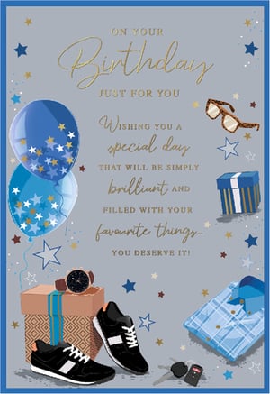 Celebrate a special man's birthday with this stylish card from Simon Elvin. Featuring a modern grey background adorned with blue and gold stars, it's perfect for anyone who appreciates a touch of class. Two festive blue balloons, cool sunglasses, and a selection of gifts like a watch, trainers, car keys, and a smart shirt add a personal touch.
The heartfelt message reads: "On Your Birthday Just For You, Wishing you a special day that will be simply brilliant and filled with your favourite things - You deserve it!" This versatile card is ideal for sons, brothers, friends, or partners. Available in a convenient pack of 6.