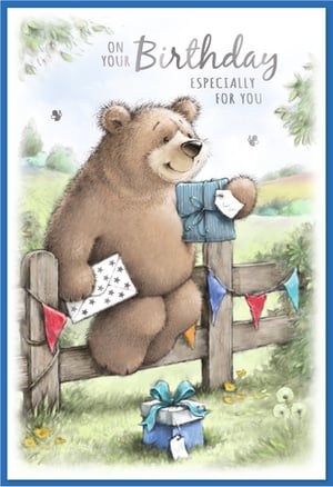Open Birthday Male Card by Simon Elvin.
This utterly charming birthday card features a delightful brown bear, ready to celebrate! Perched on a rustic wooden fence adorned with colourful bunting, the friendly bear holds a striped gift box and a starry envelope. Another beautifully wrapped present sits on the lush green grass below, adding to the festive scene. With the warm message "On Your Birthday Especially For You," this card is perfect for any male recipient. Supplied by Simon Elvin in a convenient pack size of 1x6, it's an ideal choice for your greeting card display, promising to bring joy to every customer.
