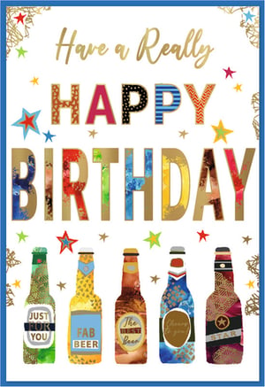 Raise a toast to a fantastic birthday with this vibrant 'Open Birthday Male' card from Simon Elvin! Featuring a bold 'Have a Really HAPPY BIRTHDAY' message in colourful, patterned lettering, it's sure to bring a smile. The design is completed with an array of fun, illustrated beer bottles, each with a unique label like 'JUST FOR YOU' and 'FAB BEER'. Perfect for any beer-loving man, this card offers a cheerful and celebratory way to send birthday wishes. Available in a convenient pack of 6, it's an ideal choice for your retail offering.