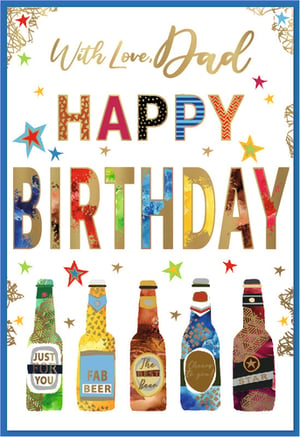 Make Dad's special day extra memorable with this vibrant Happy Birthday card! Featuring bold, colourful lettering for 'HAPPY BIRTHDAY' and a playful collection of five uniquely designed beer bottles, it's sure to bring a smile. Each bottle boasts a fun message, from 'Just For You' to 'The Best Beer' and 'Cheers to you!'. Adorned with sparkling stars and gold accents, this card is the perfect way to send your love and best wishes. A truly fantastic choice for any beer-loving Dad!