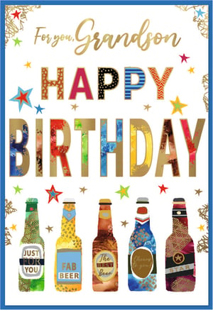 Help your customers celebrate their grandson's special day with this vibrant Simon Elvin birthday card! Featuring a striking design, "For you, Grandson" is elegantly scripted in gold, complemented by bold, patterned "HAPPY BIRTHDAY" lettering. The card is adorned with playful stars and a fun line-up of five unique beer bottle illustrations, each with a quirky message like "FAB BEER" or "Cheers to you!". This modern and cheerful card is perfect for any grandson. Available in a convenient pack size of 1x6, it's a fantastic addition to your greeting card selection. Stock up on this popular design from Simon Elvin and delight your customers.
