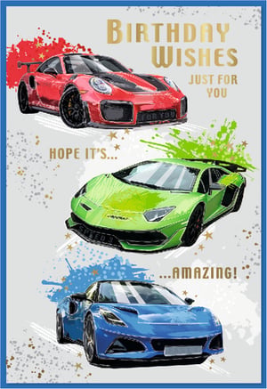 Rev up your birthday greetings with this fantastic Open Birthday Male card from Simon Elvin! This exciting design features three of the world's most iconic sports cars, guaranteed to thrill any car enthusiast. A powerful red Porsche takes centre stage at the top, followed by a vibrant green Lamborghini and a sleek blue Lotus. Each car is depicted with dynamic paint splatters, adding to the energetic feel. The gold foil lettering for "Birthday Wishes" and "Amazing!" adds a touch of luxury. Perfect for sons, dads, brothers, or friends, this card is sure to make their special day feel truly amazing. Available in a convenient 1x6 pack, it's a must-have for your card selection.