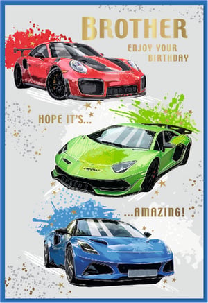 Make your brother's birthday extra special with this dynamic card from Simon Elvin! Featuring an exciting line-up of three iconic sports cars – a vibrant red Porsche, a sleek green Lamborghini, and a stylish blue Lotus – it's sure to delight any car enthusiast. The energetic design, complete with cool paint splatters, perfectly captures the thrill of speed and luxury. Inside, the heartfelt message reads: 'Brother, Enjoy Your Birthday, Hope It's Amazing!' This card is the perfect way to send your best wishes and celebrate your car-loving brother in style.