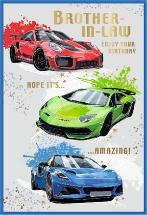 Make your brother-in-law's birthday truly special with this fantastic card from Simon Elvin. Featuring three incredible sports cars in vibrant red, green, and blue, this card is designed to impress. The dynamic artwork, complete with cool paint splatters and stars, gives it a modern and exciting feel. The message 'Brother-in-law, Enjoy your Birthday, Hope it's Amazing!' is perfect for wishing him a memorable day. Stock up on this popular design, available in a convenient 1x6 pack size, and offer your customers a brilliant choice for their car-loving relatives.