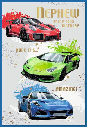 Celebrate your Nephew's special day with this exciting birthday card! Featuring a stunning collection of three high-performance sports cars in vibrant red, lime green, and electric blue, this design is sure to capture attention. Dynamic paint splashes and shimmering gold details add to the energetic feel, while the prominent 'NEPHEW' title and the message 'HOPE IT'S... AMAZING!' convey warm wishes. Perfect for any car enthusiast, these cards are supplied by Simon Elvin in a handy pack of 6, making them an excellent choice for your greeting card selection.