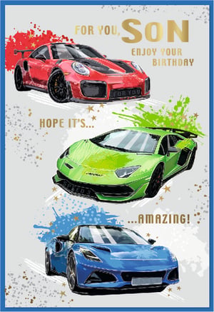 Make your son's birthday truly special with this dynamic greeting card from Simon Elvin. Featuring three incredible sports cars in vibrant red, green, and blue, set against a stylish splattered background, it's designed to impress. The bold message, "FOR YOU, SON, ENJOY YOUR BIRTHDAY, HOPE IT'S... AMAZING!", perfectly captures the excitement of the occasion. This eye-catching card is ideal for any car enthusiast. Available in a convenient pack of 6, it's a fantastic addition to your greeting card selection, ensuring you're stocked with popular designs for every celebration.