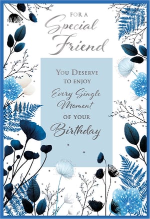 Celebrate a special friend's birthday with this elegant card from Simon Elvin. Featuring a sophisticated design in calming shades of blue and white, adorned with delicate floral and fern motifs, it's perfect for conveying heartfelt wishes. The silver-foiled message, 'FOR A Special Friend, You Deserve TO ENJOY Every Single Moment OF YOUR Birthday,' adds a touch of luxury and warmth.
This 'Friend Male' card offers a refined way to show appreciation. Stock up your shelves with this beautiful design, available in a convenient pack of 6. A truly lovely choice for any discerning customer looking for that perfect birthday greeting.