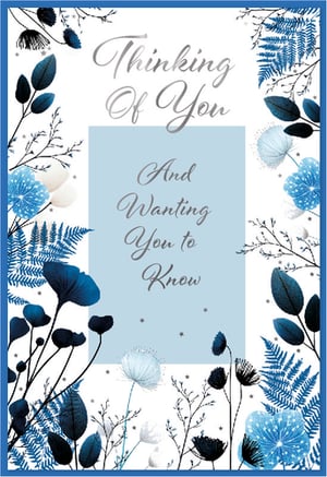 Send a heartfelt message with our beautiful 'Thinking Of You' cards from Simon Elvin. This elegant design features a serene blend of blues and whites, with delicate floral illustrations, intricate ferns, and subtle starry accents. The sophisticated script conveys a warm and thoughtful sentiment: 'Thinking Of You And Wanting You to Know'. Perfect for expressing care, sympathy, or just letting someone know they're in your thoughts. Each pack contains 6 identical cards, ready to add a touch of gentle beauty to your greeting card selection. A truly lovely way to connect.
