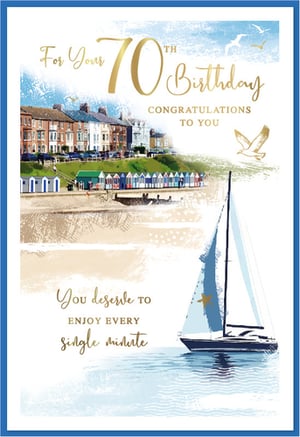 Mark a momentous 70th birthday with this beautifully illustrated greeting card, perfect for a special gentleman. The serene design captures the charm of a coastal scene, featuring quaint beach huts lining the shore, a graceful sailboat gliding on the calm blue waters, and seagulls soaring overhead. Elegant gold foil lettering proudly announces 'For Your 70th Birthday' and shares a warm sentiment: 'You deserve to enjoy every single minute'. With its tranquil blues, sandy tones, and artistic brushstrokes, this card offers a truly memorable way to celebrate. Supplied by Simon Elvin, each purchase includes a convenient pack of six cards, ensuring you're ready for those significant occasions.