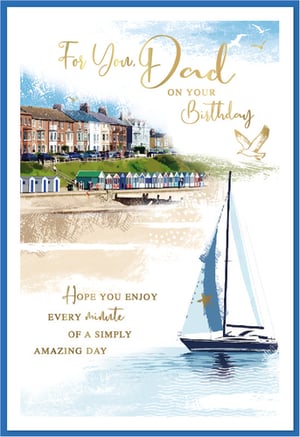 Celebrate Dad's special day with this beautifully designed birthday card from Simon Elvin. Featuring a serene coastal scene, it captures the charm of a seaside escape with its picturesque houses, colourful beach huts, and a graceful sailboat gliding on the water.
The elegant gold lettering wishes him "For You, Dad ON YOUR Birthday" and "HOPE YOU ENJOY EVERY Minute OF A SIMPLY AMAZING DAY". This thoughtful card is perfect for showing your appreciation and making his birthday truly memorable. Stock up with this lovely design, available in a convenient pack of 6.