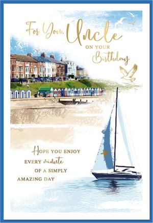 Celebrate your Uncle's birthday with this delightful card, featuring a serene coastal scene. The charming illustration captures a picturesque town overlooking a sandy beach with colourful beach huts, all set against a tranquil sea with a sailboat gently gliding by. Elegant gold foil lettering highlights the warm birthday message: 'For You, Uncle ON YOUR Birthday' and 'Hope you enjoy every minute of a simply amazing day'. This thoughtful design from Simon Elvin is perfect for wishing him a truly special day. Available in a convenient pack of 6.