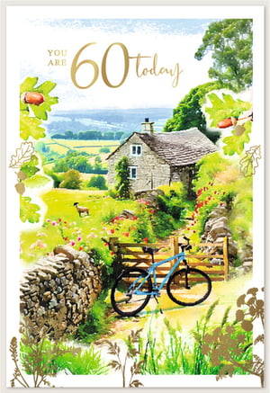 Help your customers celebrate a milestone 60th birthday with this truly charming greeting card from Simon Elvin. Designed specifically for a special man turning sixty, it features a serene watercolour illustration of an idyllic countryside scene. A quaint stone cottage, rolling green hills, and a classic bicycle leaning by a wooden gate create a peaceful, nostalgic feel. The 'YOU ARE 60 today' message shines in elegant gold foil, adding a premium touch to this heartfelt card. Perfect for those who appreciate traditional British landscapes and a love for the outdoors. Available in convenient packs of 6, it's an ideal addition to your retail collection.