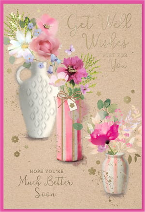 Brighten someone's day with our lovely 'Get Well Female' card. This beautifully designed card features a charming collection of watercolour-style flowers in soft pinks, creams, and greens, elegantly arranged in various vases against a warm, rustic kraft background. Delicate gold accents and subtle splatters add a touch of sparkle and sophistication. The heartfelt message, "Get Well Wishes Just For You, Hope You're Much Better Soon," is perfect for conveying warmth and comfort. This thoughtful card is ideal for offering your customers a truly special way to send their best wishes. Supplied by Simon Elvin, each pack contains 6 cards, ensuring you're well-stocked for those in need of a gentle pick-me-up.