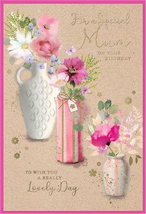 Make Mum's birthday truly special with this beautiful greeting card. Adorned with a delightful display of watercolour flowers in elegant vases, the design features soft pinks, crisp whites, and gentle blues, all accented with subtle gold details and a charming butterfly. The heartfelt message, 'For a Special Mum ON YOUR BIRTHDAY, TO WISH YOU A REALLY Lovely Day', is sure to bring a smile to her face. Perfect for showing appreciation, these lovely cards come in a convenient pack of 6, ideal for your retail display. From trusted supplier Simon Elvin.