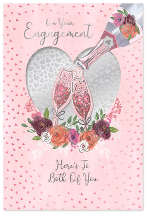 Celebrate the happy couple's special news with this beautiful Engagement card from Simon Elvin. Featuring a delightful design, this card showcases a sparkling champagne bottle pouring into two elegant flutes, all set within a charming heart-shaped motif. The soft pink background, adorned with tiny hearts, perfectly complements the vibrant floral accents. With the heartfelt message 'On Your Engagement' and 'Here's To Both Of You', it's the perfect way to share in their joy. Each pack contains 6 of these lovely cards, ready to help your customers congratulate their loved ones in style.