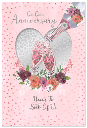 Celebrate enduring love with our beautiful 'Our Wedding Anniversary' card from Simon Elvin. This delightful design features a soft pink background adorned with tiny hearts, setting a wonderfully romantic tone. At its heart, a charming illustration of a champagne bottle pouring into two sparkling flutes, nestled within a delicate heart-shaped frame. The flutes shimmer with glitter, adding a touch of celebratory sparkle.
Elegant floral accents in rich burgundy, warm orange, and soft pink hues beautifully frame the scene, complementing the heartfelt message: "On Our Anniversary, Here's To Both Of Us". Perfect for couples marking another year of cherished memories. Available in a convenient pack of 6, ensuring your customers can always find the ideal card for this special occasion.