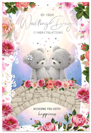 Celebrate their special day with our delightful 'Wedding Day' card from Simon Elvin. This charming design features two sweet teddy bears, lovingly embracing on a beautiful floral bridge, surrounded by soft blooms and twinkling hearts. The whimsical artwork and warm colours create a truly romantic feel, making it the perfect way to send your congratulations. With heartfelt wishes for happiness, this card is sure to bring a smile to any happy couple. Available in a convenient pack of 6, it's an ideal addition to your greeting card selection for those special wedding moments.
