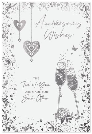 Celebrate enduring love with 'Your Wedding Anniversary' cards from Simon Elvin. This exquisite design features stunning silver foil detailing, including romantic hanging hearts and elegant clinking champagne flutes, perfect for toasting a special milestone. The heartfelt messages, 'Anniversary Wishes' and 'The Two of You Are Made For Each Other', convey warmth and affection. Adorned with delicate floral and butterfly motifs, these cards exude sophistication and charm. Available in a convenient pack of 6, they are an essential addition for retailers seeking premium anniversary greetings. Offer your customers these beautiful cards to help them share their warmest wishes.
