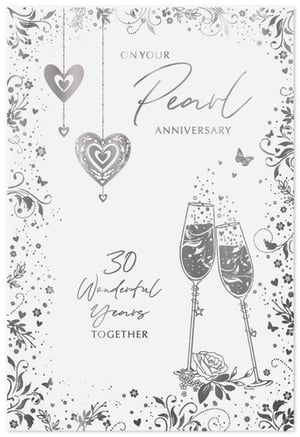 Celebrate a truly special milestone with our 'Your Pearl Wedding Anniversary' card, perfect for commemorating 30 wonderful years together. This exquisite design, from renowned supplier Simon Elvin, features a sophisticated silver and white palette, creating an elegant and timeless feel.
The card showcases beautiful hanging hearts, delicate floral motifs, and charming butterflies, all framing the heartfelt message. Two clinking champagne flutes, adorned with a rose, add a celebratory touch, symbolising joy and enduring love.
Offer your customers a truly memorable way to honour this significant occasion. Available in convenient packs of 6, this stunning card is sure to be a popular choice for those seeking a high-quality, beautifully designed anniversary greeting.